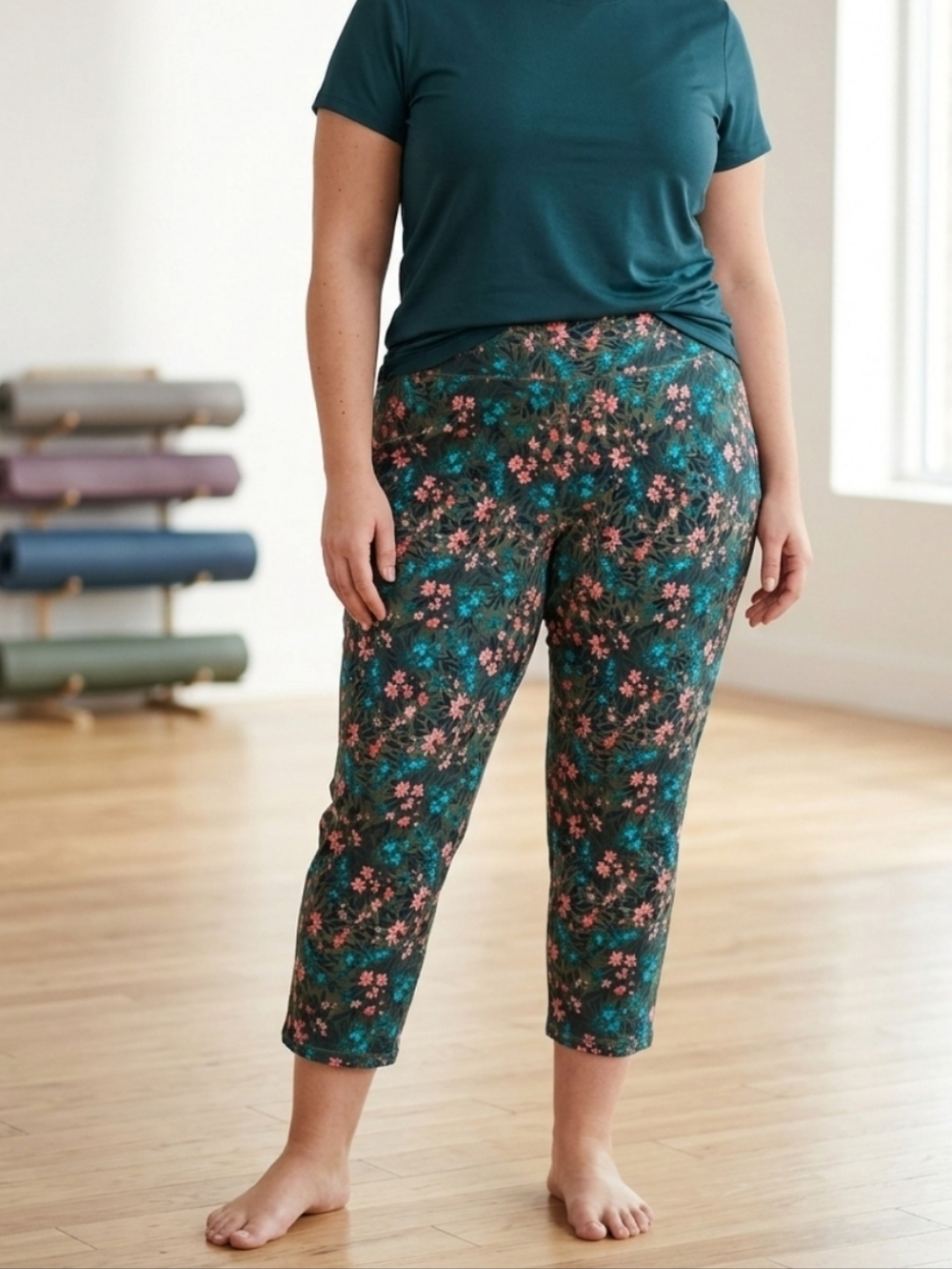 New Denim&Co Active Printed Duo Stretch Pull On Crop Leggings Floral 2X